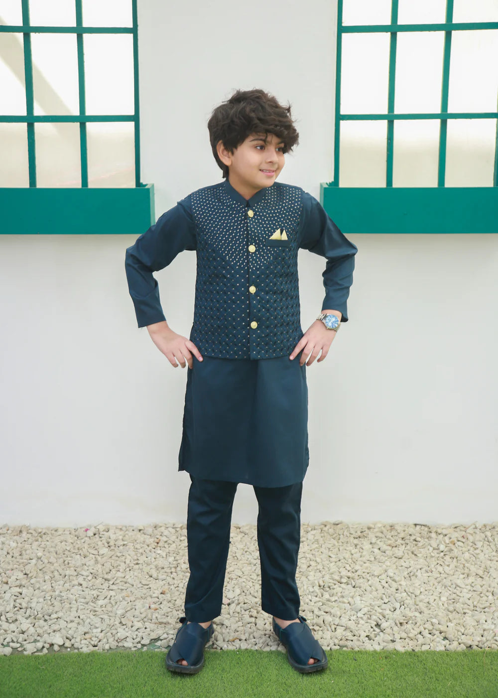 Steel Blue Kids Waistcoat Suit | Boys Festive Wear | Ready To Ship