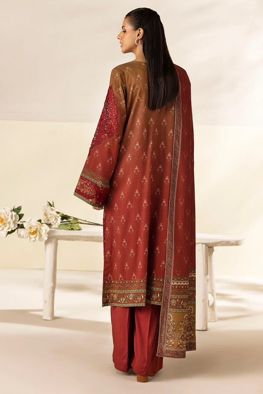 Deep Red Embroidered Linen 3PC - Noura