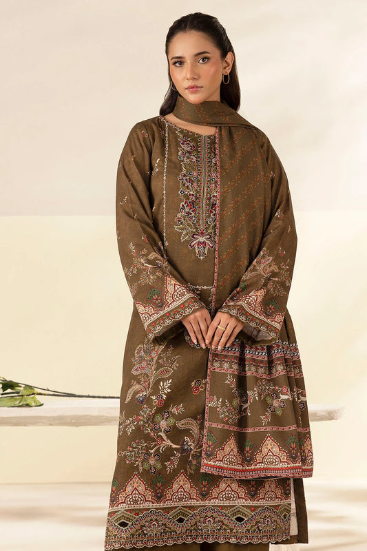 Dark Olive Embroidered Linen 3PC - Sania