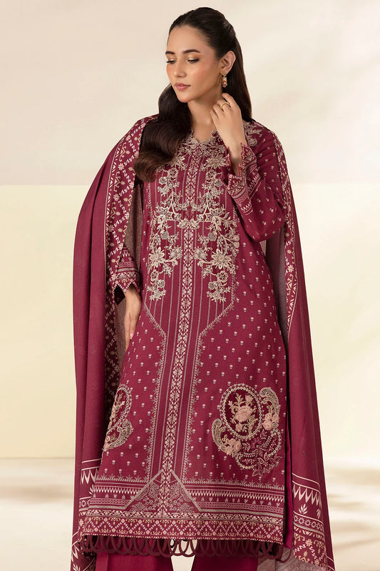 Plum Embroidered Linen 3PC - Afifa