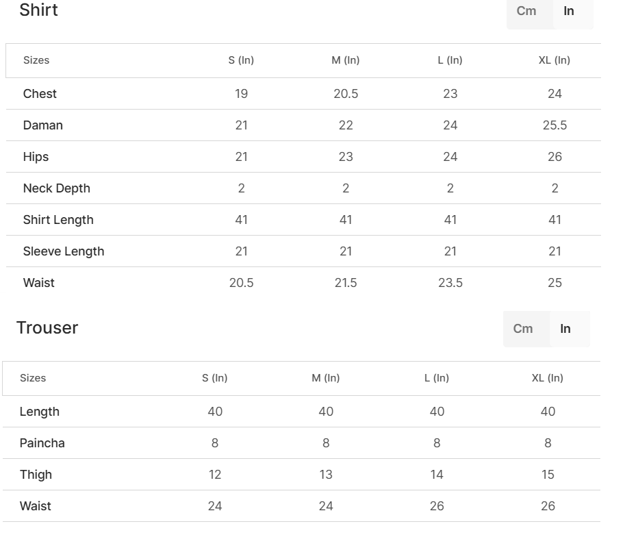A size chart table showing measurements for shirts and trousers, with columns for sizes S through XL and rows for chest, waist, hips, sleeve length, and other dimensions in inches and centimeters.