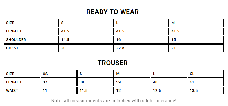 Measurement chart for clothing sizes with lengths, shoulders, chests, and waists in inches.