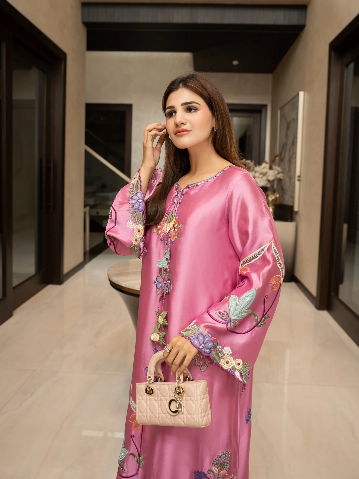 Pastel Pink Silk Embroidered Motif Kaftan with Tassels