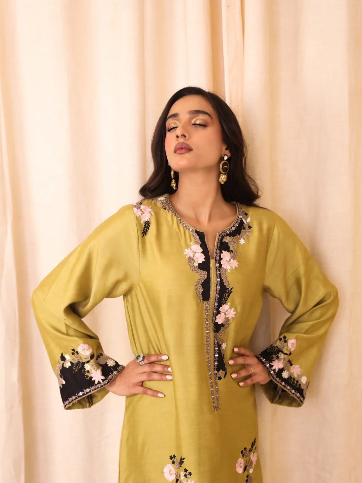 Olive Green Shisha Silk Embroidered Kaftan - Mehar