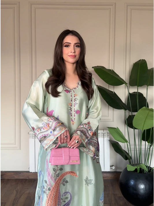 Mint Green Shisha Silk Embroidered Kaftan - Minal