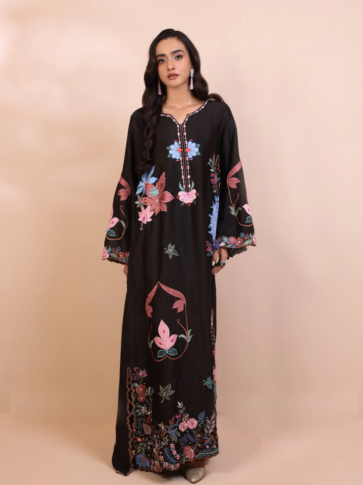 Black Silk Embroidered 3D Floral Kaftan - Mishka