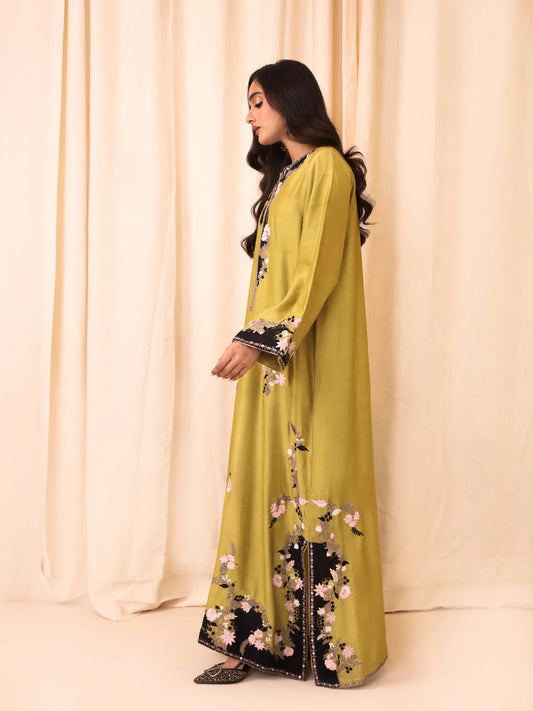 Olive Green Shisha Silk Embroidered Kaftan - Mehar