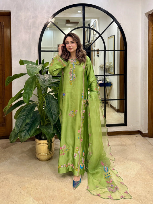 Light Green Silk Embroidered Kaftan - Raya