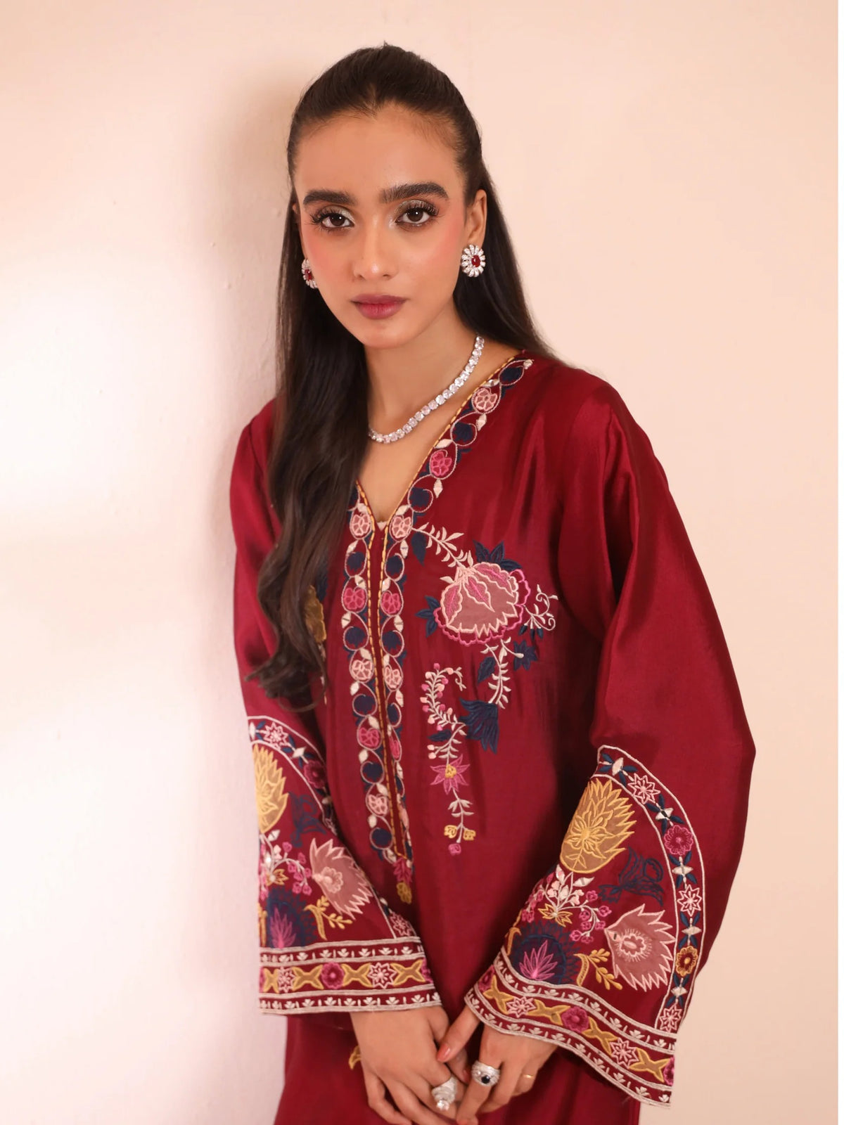 Maroon Silk Embroidered 3D Floral Kaftan - Mehmal