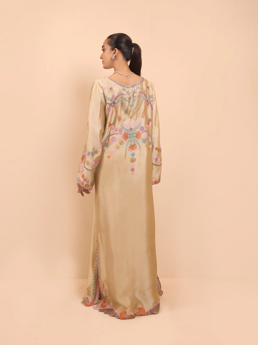 Champagne Beige Shisha Silk Embroidered Kaftan - Rahaa