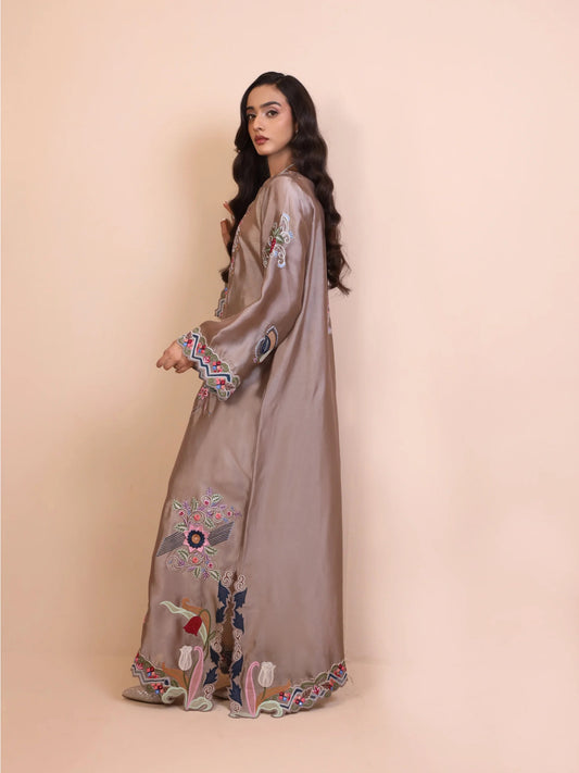 Shisha Silk Embroidered 3D Floral Kaftan - Raya Taupe