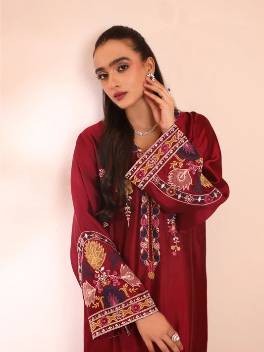 Maroon Silk Embroidered 3D Floral Kaftan - Mehmal