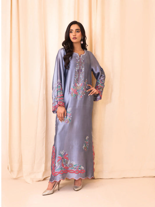 Periwinkle Blue Shisha Silk Embroidered Kaftan - Sania