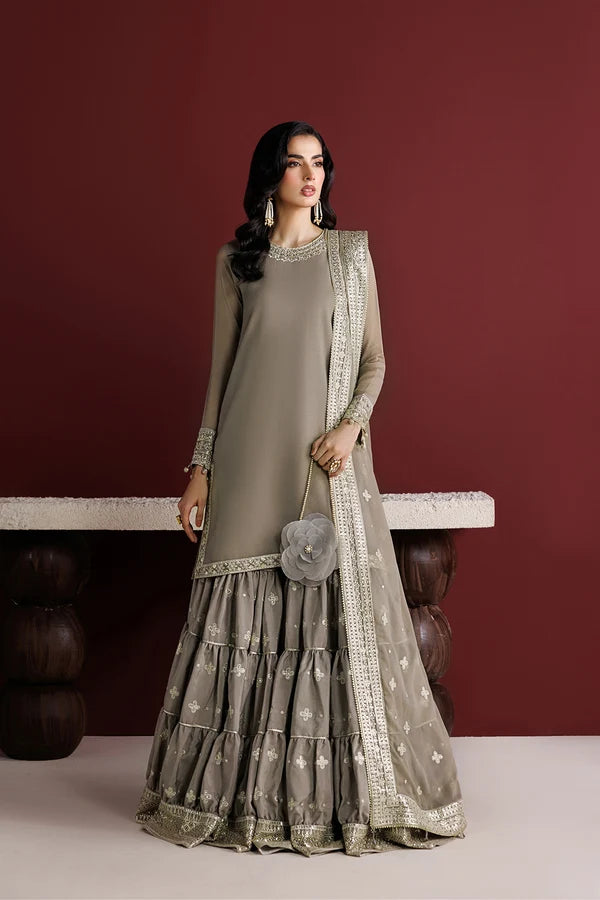 Embroidered Chiffon Flared Gharara Set - Stone Haze