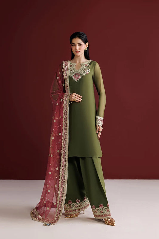 Olive Green Chiffon Farshi Style 3PC - Scarlet Leaf