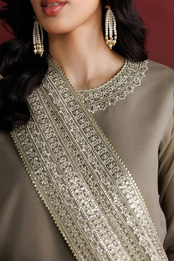 Embroidered Chiffon Flared Gharara Set - Stone Haze