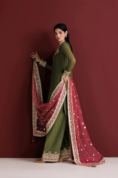 Olive Green Chiffon Farshi Style 3PC - Scarlet Leaf