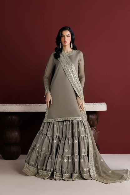 Embroidered Chiffon Flared Gharara Set - Stone Haze