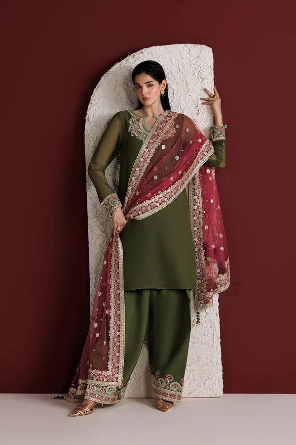 Olive Green Chiffon Farshi Style 3PC - Scarlet Leaf
