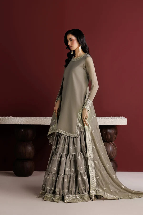 Embroidered Chiffon Flared Gharara Set - Stone Haze