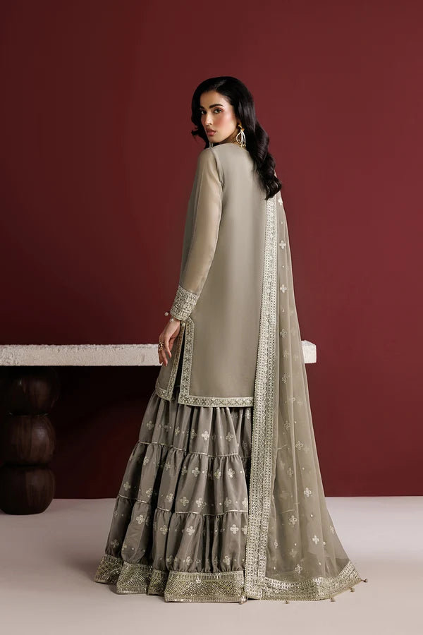 Embroidered Chiffon Flared Gharara Set - Stone Haze