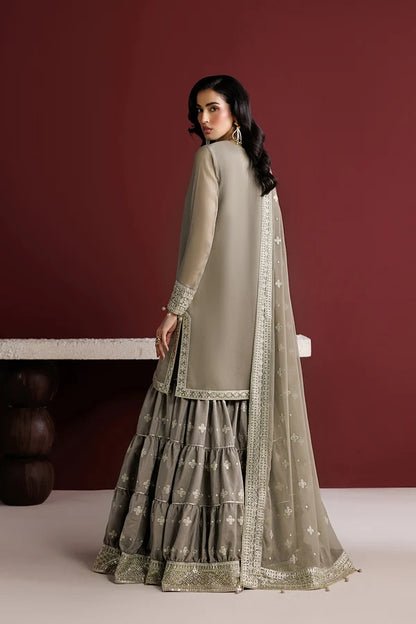 Embroidered Chiffon Flared Gharara Set - Stone Haze