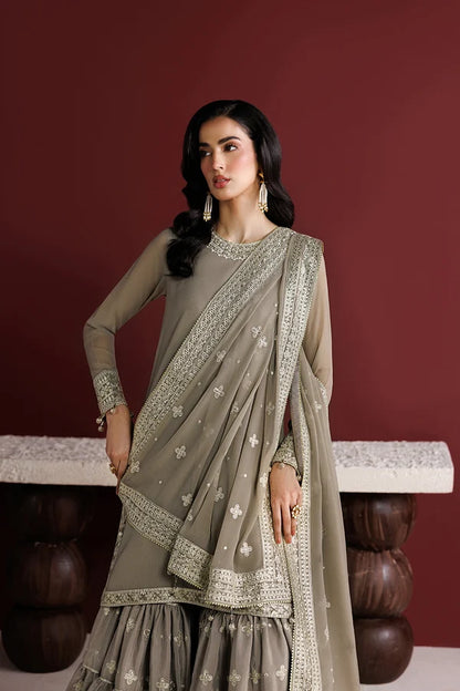 Embroidered Chiffon Flared Gharara Set - Stone Haze