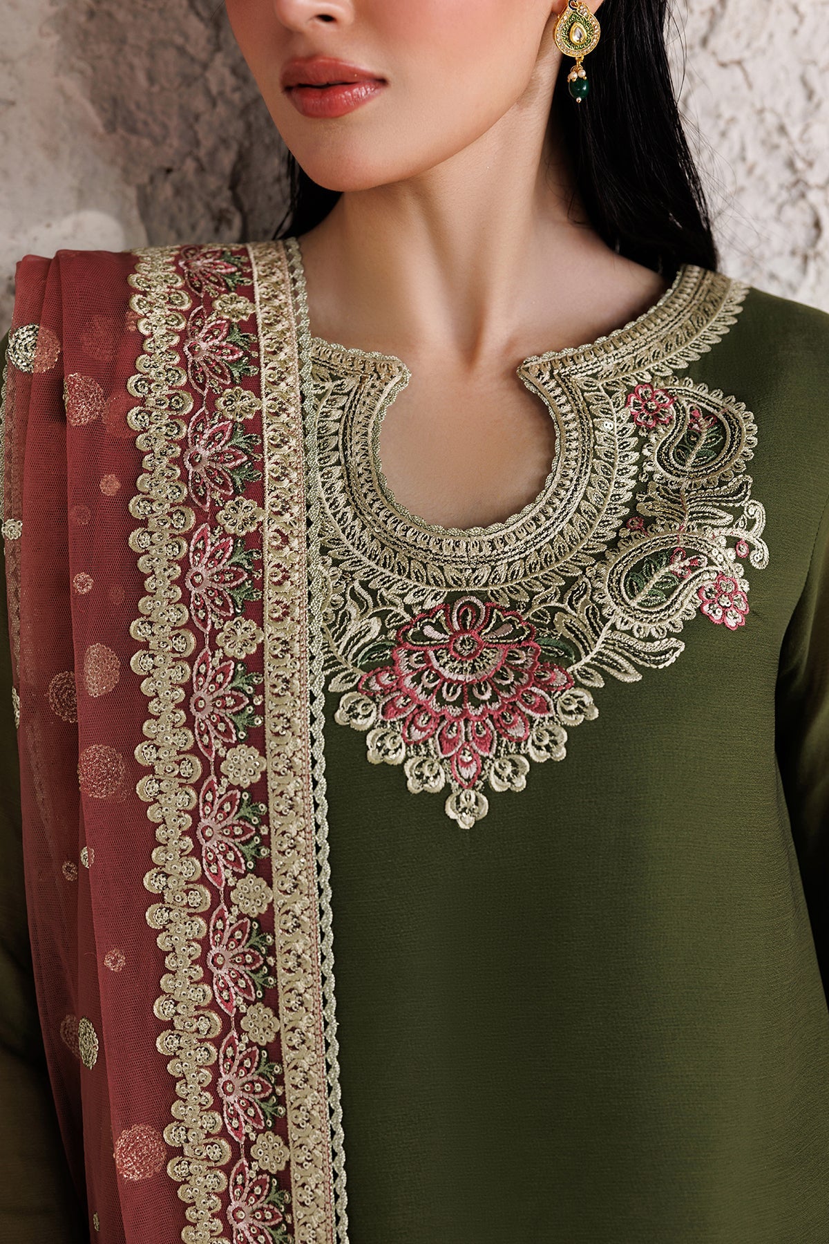Olive Green Chiffon Farshi Style 3PC - Scarlet Leaf
