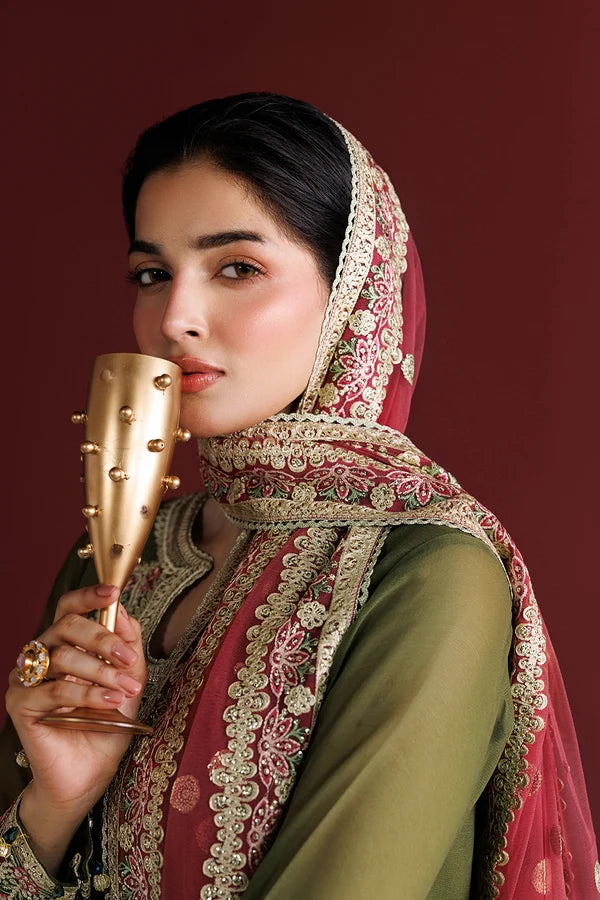 Olive Green Chiffon Farshi Style 3PC - Scarlet Leaf