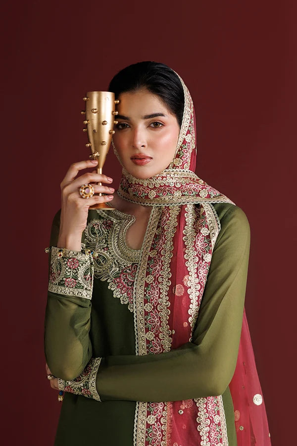 Olive Green Chiffon Farshi Style 3PC - Scarlet Leaf