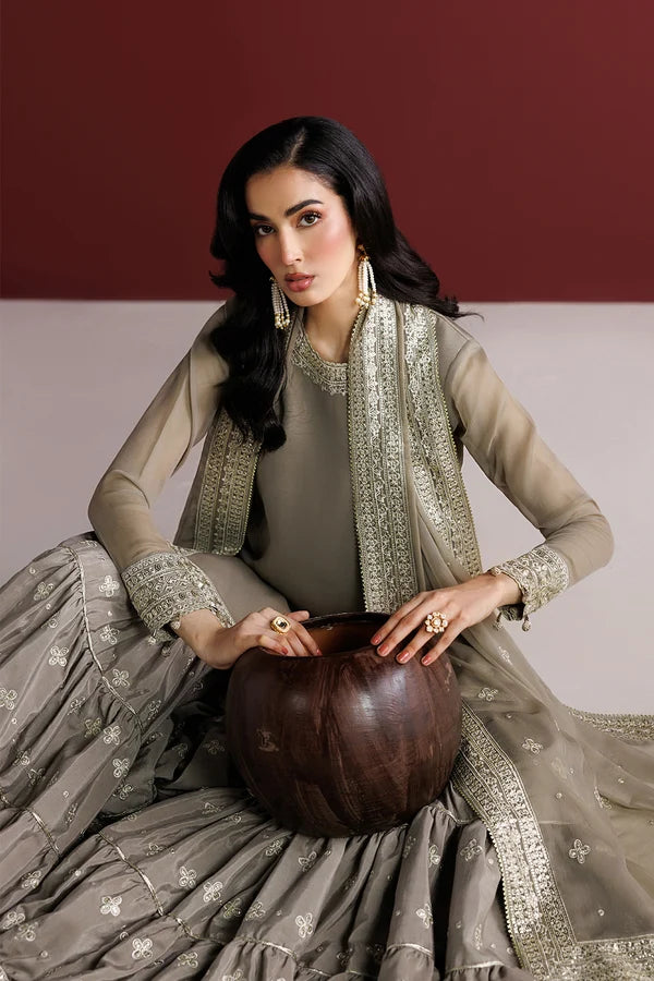 Embroidered Chiffon Flared Gharara Set - Stone Haze