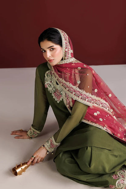 Olive Green Chiffon Farshi Style 3PC - Scarlet Leaf
