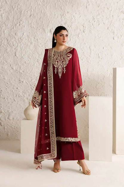 Red Embroidered Chiffon Suit - Rouge Scarlet