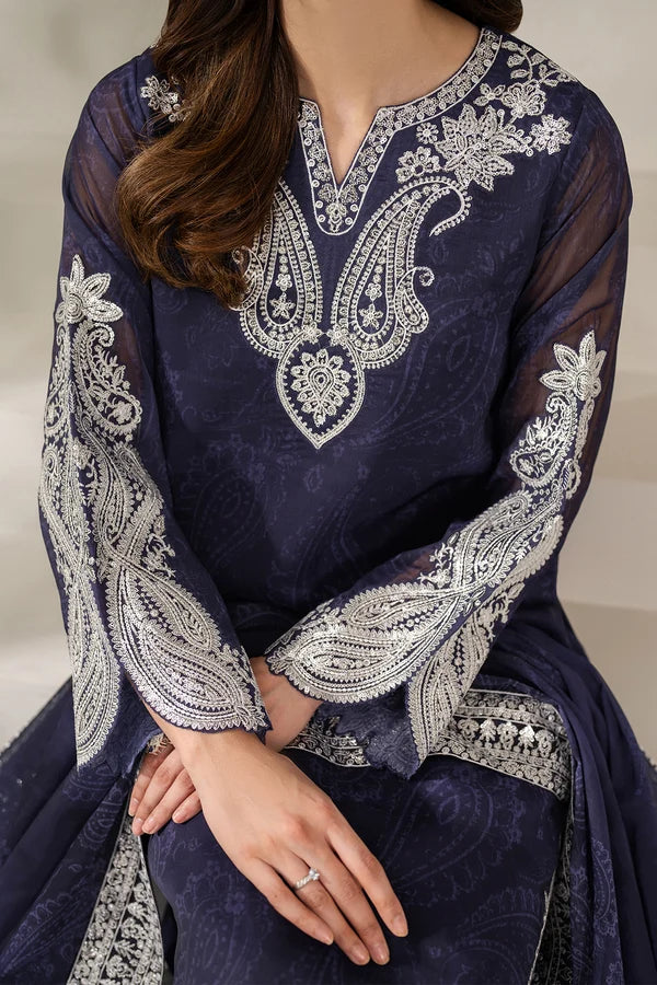 Digital Printed Embroidered Chiffon Suit - Blue Dazzle