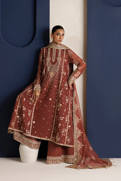 Rust Muse 3-piece stitched rust embroidered chiffon suit with raw silk trousers and matching chiffon dupatta Australia