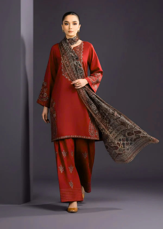 Maroon Embroidered Linen Suit (3pc) | Ready to Ship