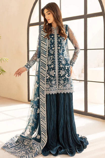 Luxury Net Suit With Crushed Lehenga - Teal Drizzer