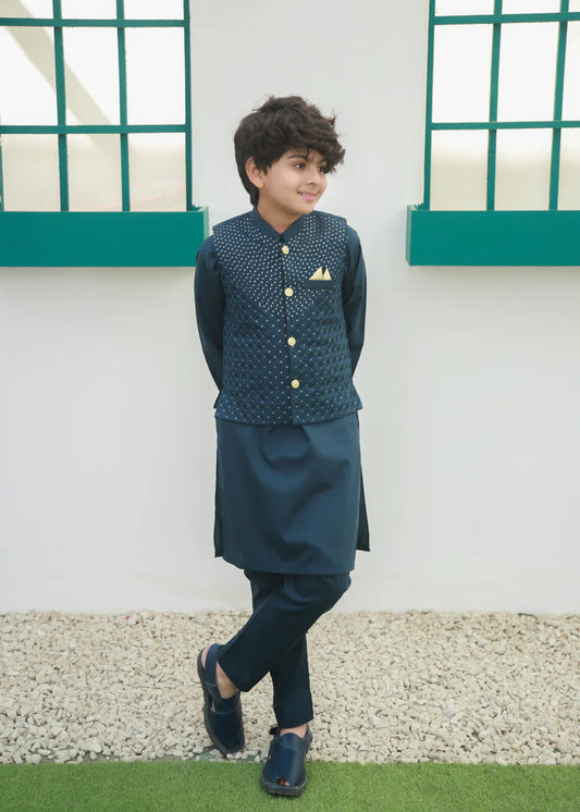 Steel Blue Kids Waistcoat Suit | Boys Festive Wear | Ready To Ship