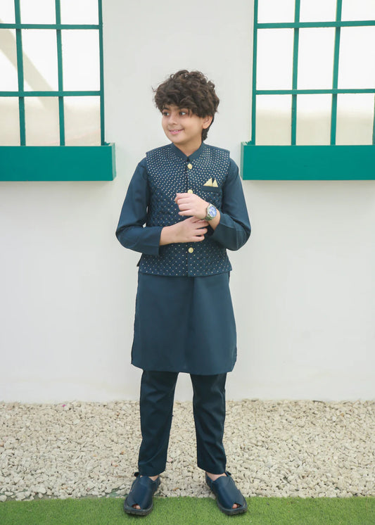 Steel Blue Kids Waistcoat Suit | Boys Festive Wear | Ready To Ship