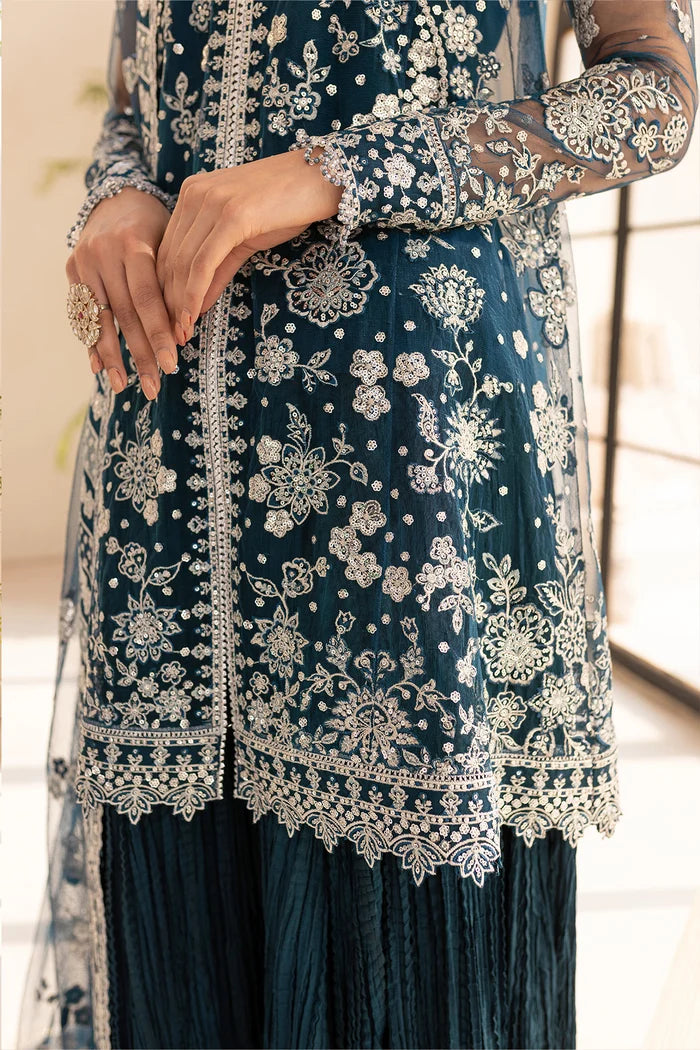 Luxury Net Suit With Crushed Lehenga - Teal Drizzer