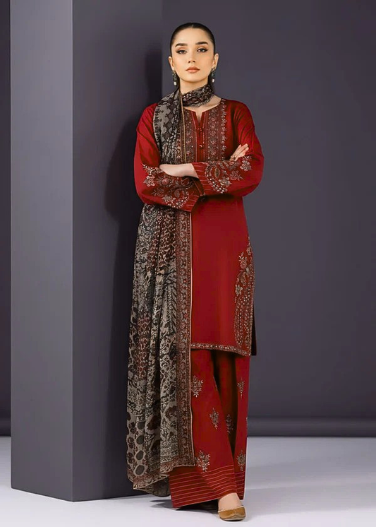 Maroon Embroidered Linen Suit (3pc) | Ready to Ship