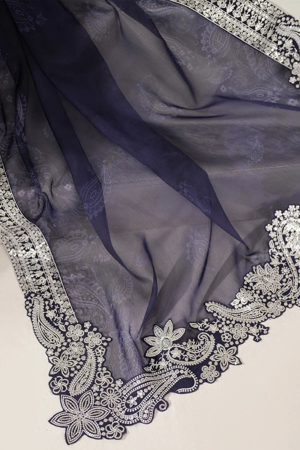 Digital Printed Embroidered Chiffon Suit - Blue Dazzle