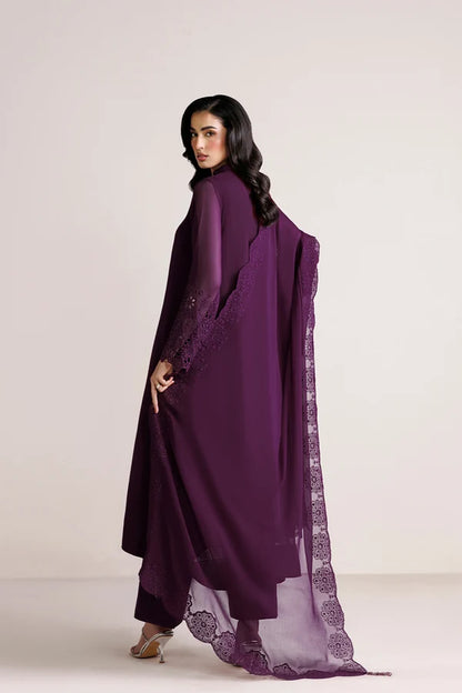 3PC Purple Embroidered Chiffon  Suit - Berry Garden