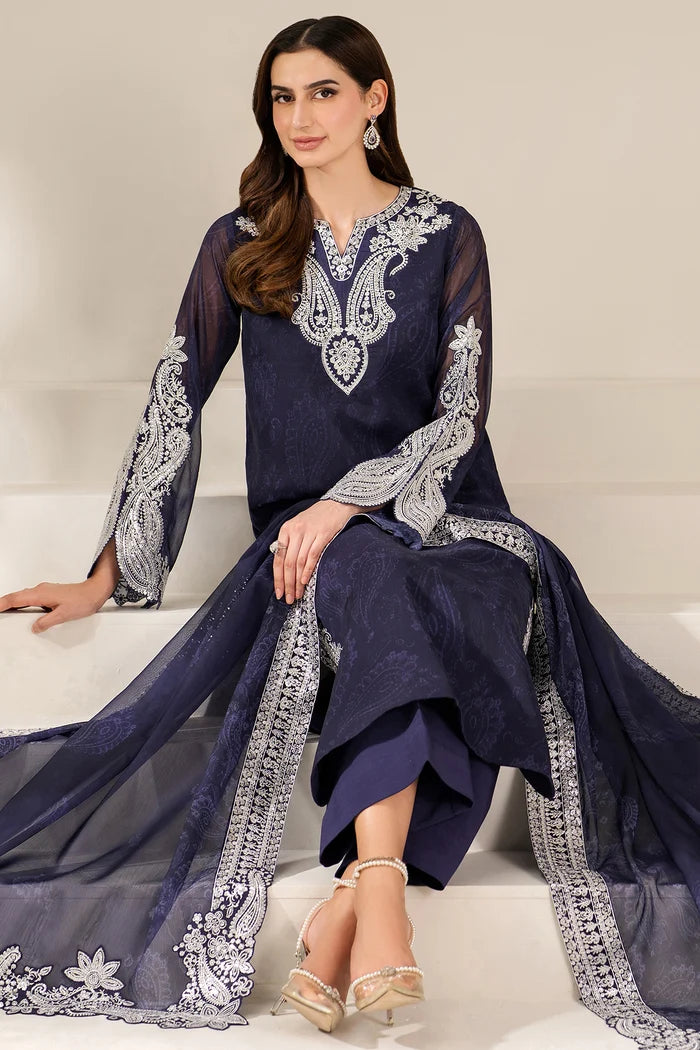 Digital Printed Embroidered Chiffon Suit - Blue Dazzle
