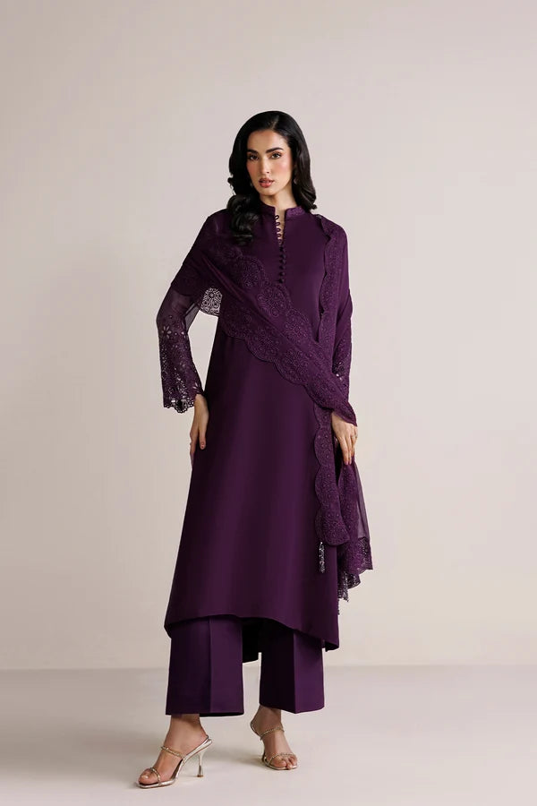 3PC Purple Embroidered Chiffon  Suit - Berry Garden