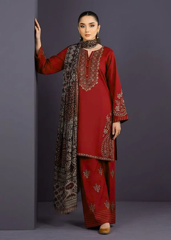 Maroon Embroidered Linen Suit (3pc) | Ready to Ship