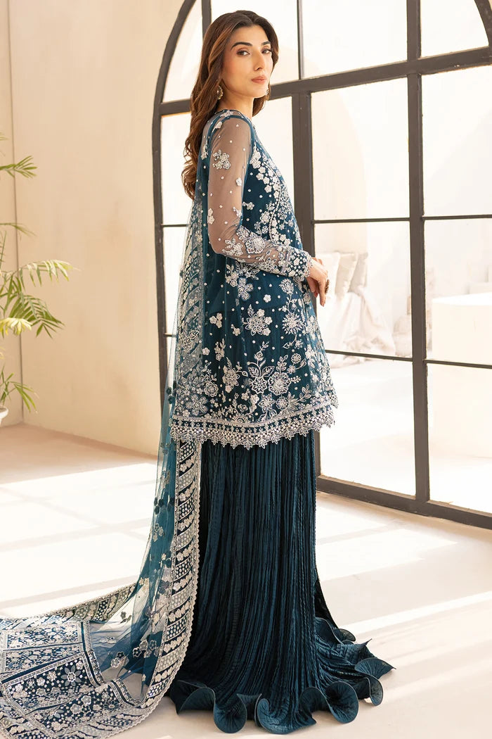 Luxury Net Suit With Crushed Lehenga - Teal Drizzer