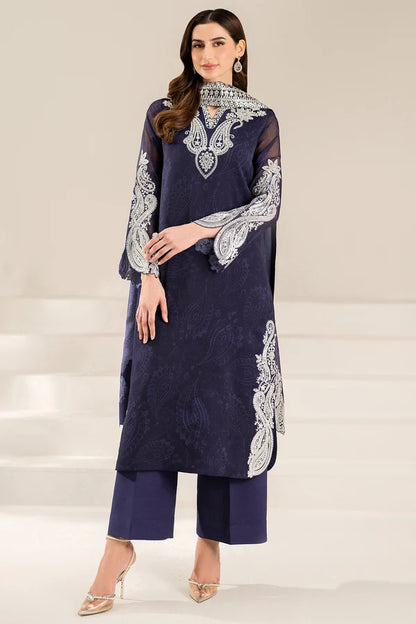 Digital Printed Embroidered Chiffon Suit - Blue Dazzle
