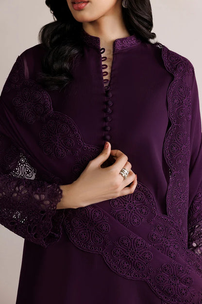 3PC Purple Embroidered Chiffon  Suit - Berry Garden