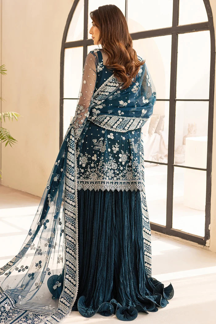 Luxury Net Suit With Crushed Lehenga - Teal Drizzer